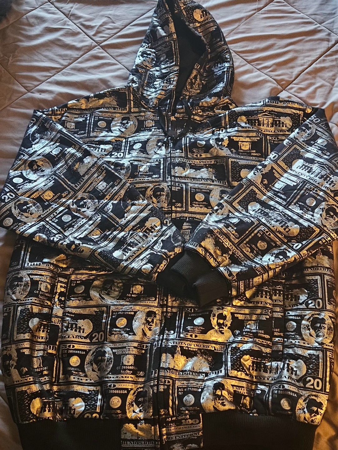 Like New- Black & Metallic Money Print Zip Hoodie